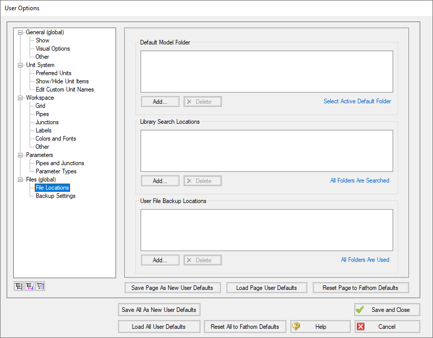 File Locations section of User Options window